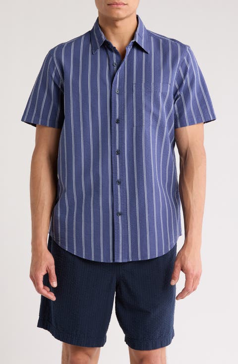 Stripe Seersucker Short Sleeve Button-Up Shirt