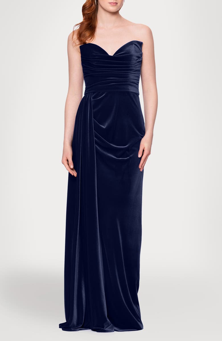 Blondie Nites Drape Strapless Velvet Gown, Main, color, Navy
