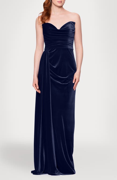 Blondie Nites Drape Strapless Velvet Gown In Blue