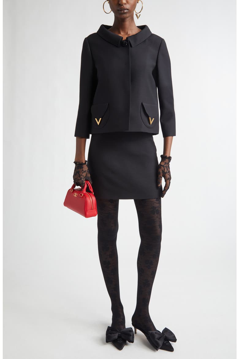 V-Detail Crepe Couture Jacket, Alternate, color, BLACK