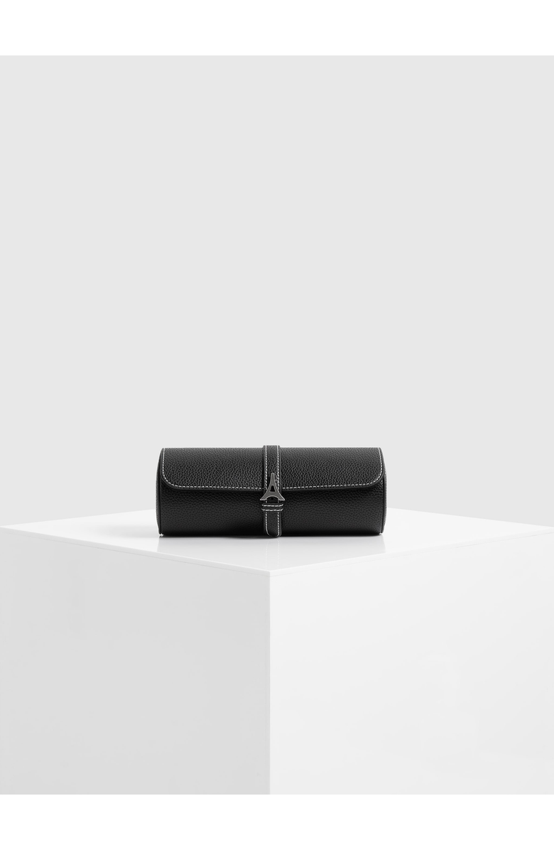 Manière De Voir Fred Pebbled Leather Contrast Stitch Watch Roll, Main, color, Black