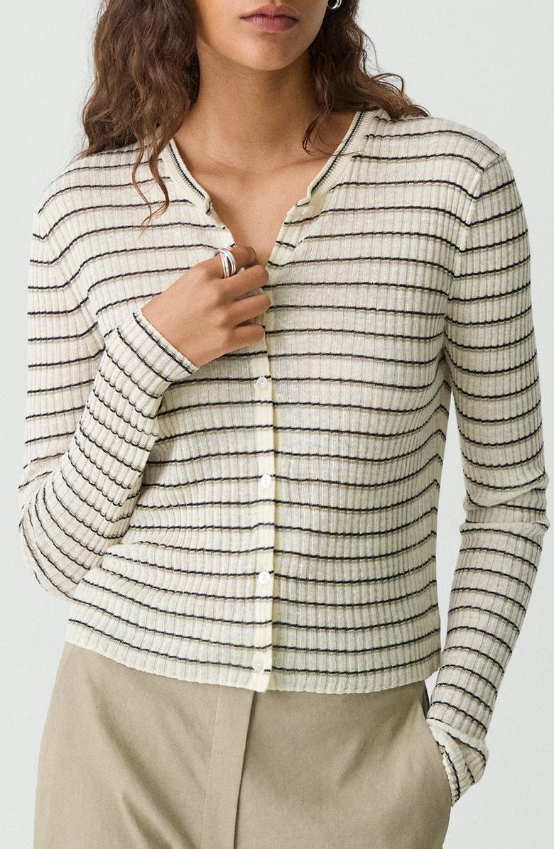 Theory Stripe Crop Linen Blend Cardigan, Main, color, Light Parchment Multi