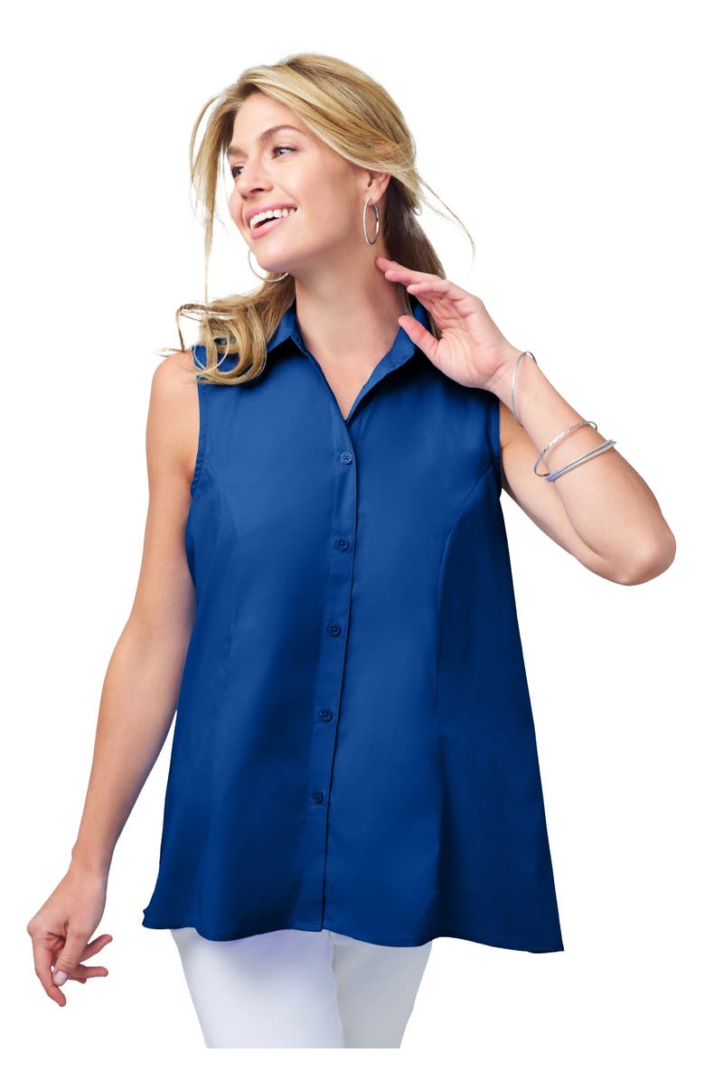 Jessica London Stretch Cotton Poplin Sleeveless Shirt, Main, color, Dark Sapphire