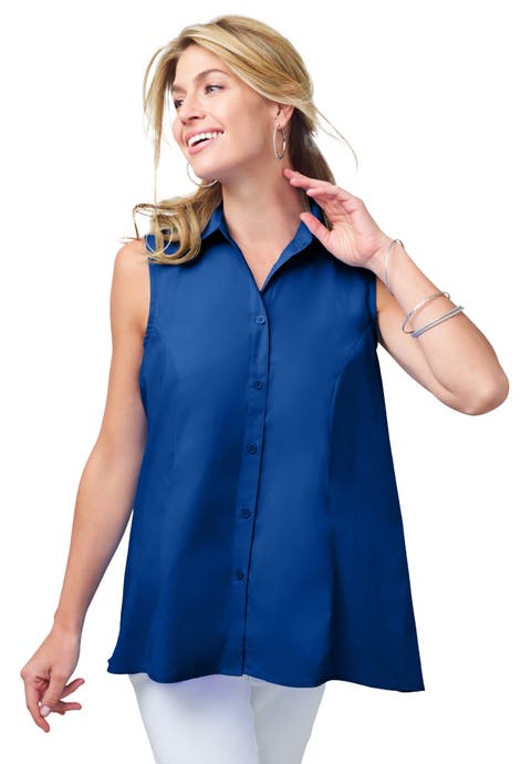 Stretch Cotton Poplin Sleeveless Shirt (Plus)