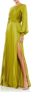 Mac Duggal Pleated High Neck Raglan Long Sleeve Side Slit Gown