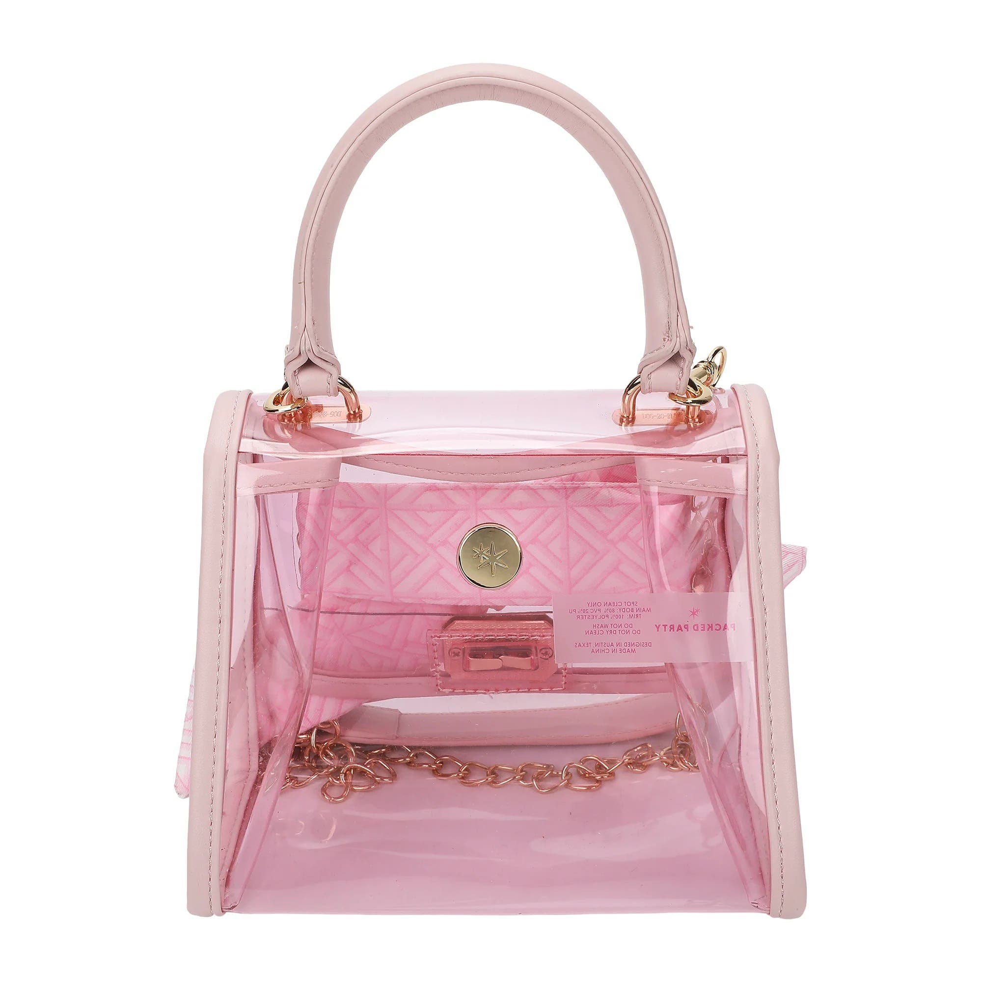 Clear Mini Crossbody Bag - Pink Trim with Gold Chain Strap, Removable Satin Bow Scarf, Top Handle, 7x3.5x5 Inch, Alternate, color, Pink