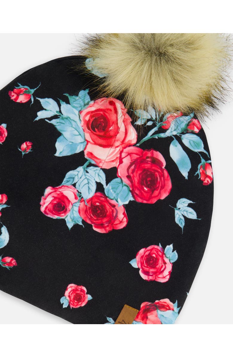 Deux par Deux Baby Girl's Mid-Season Jersey Detachable Pompom Hat Black Printed Roses, Alternate, color,