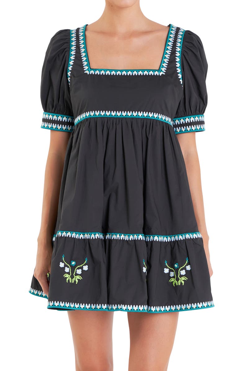 English Factory Embroidered Puff Sleeve Cotton Babydoll Dress, Alternate, color, Black Multi