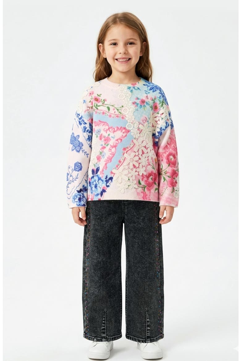 Kids' Lace Trim Floral Print Sweater, Alternate, color, IVORY/ PINK MULTI