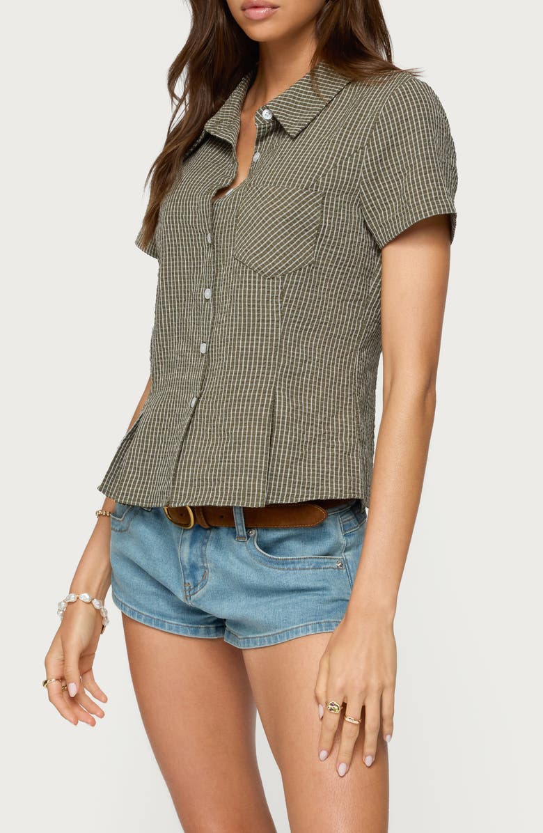 EDIKTED Alisa Plaid Crop Cotton Blend Button-Up Shirt, Alternate, color, Olive