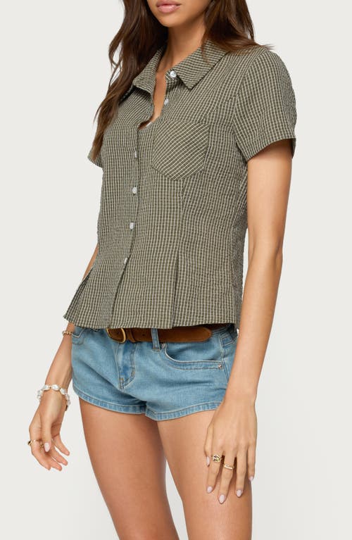 Edikted Alisa Plaid Crop Cotton Blend Button-up Shirt In Green
