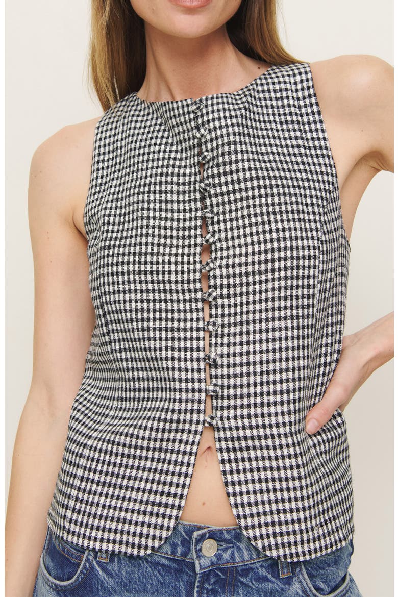 Addison Gingham Sleeveless Linen Button-Up Top, Alternate, color, REMY CHECK