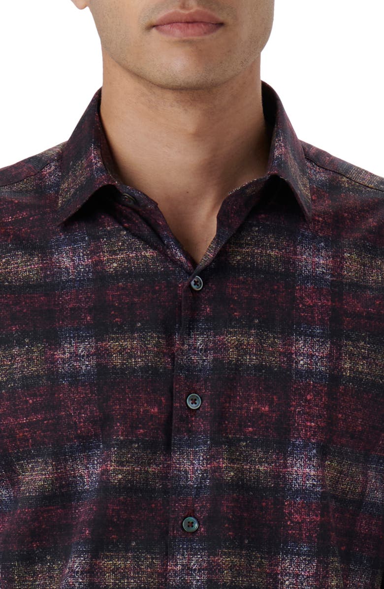Bugatchi Julian Shaped Fit Distressed Plaid Stretch Cotton Button-Up Shirt, Alternate, color, Burgundy