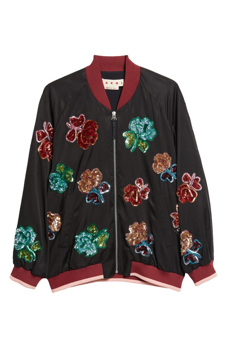 Marni Sequin Flowers Satin Bomber Jacket, Main, color, 00N99 Black