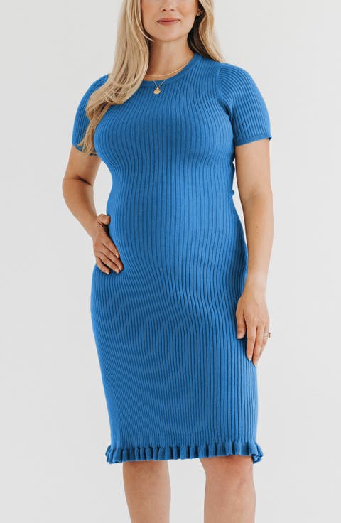 Women's Short Sleeve Knit Maternity Knee Length Sweater Dress with Hem Detail