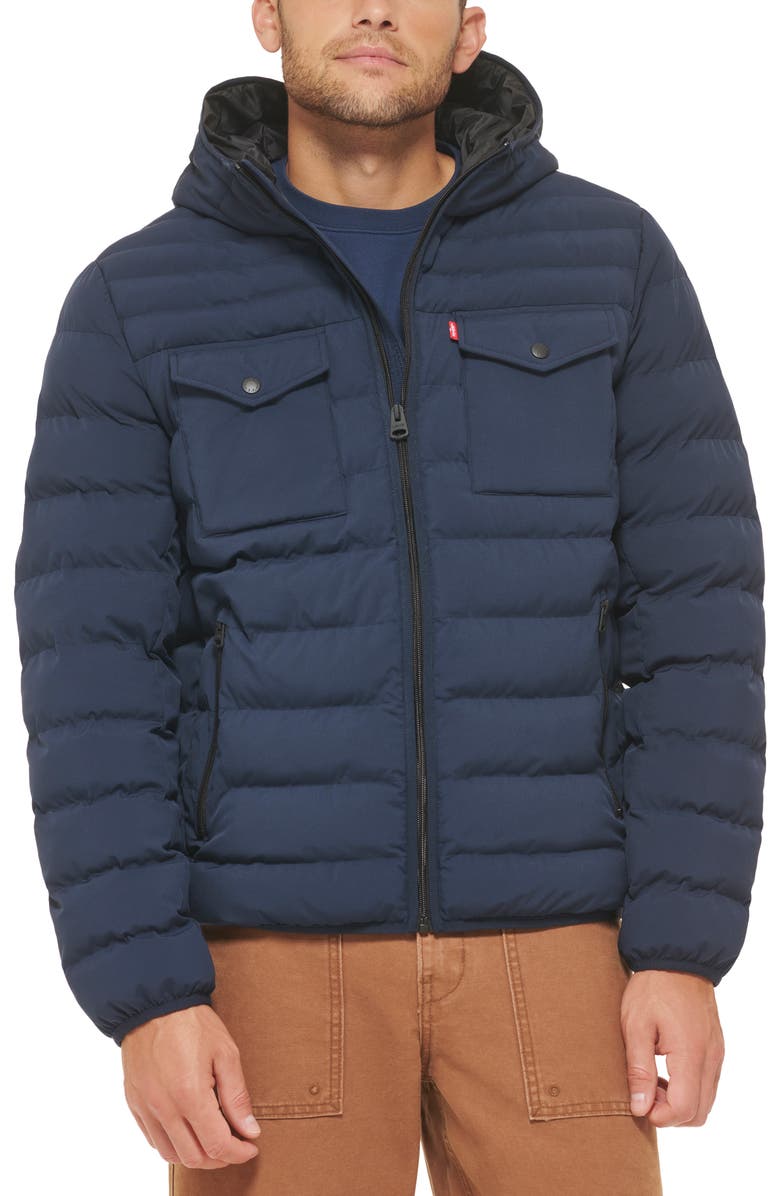 Levi's Stretch Hooded Puffer Jacket, Main, color, Navy