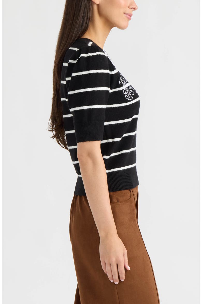 Floral Embroidered Short Sleeve Sweater, Alternate, color, BLACK/ WHITE STRIPE