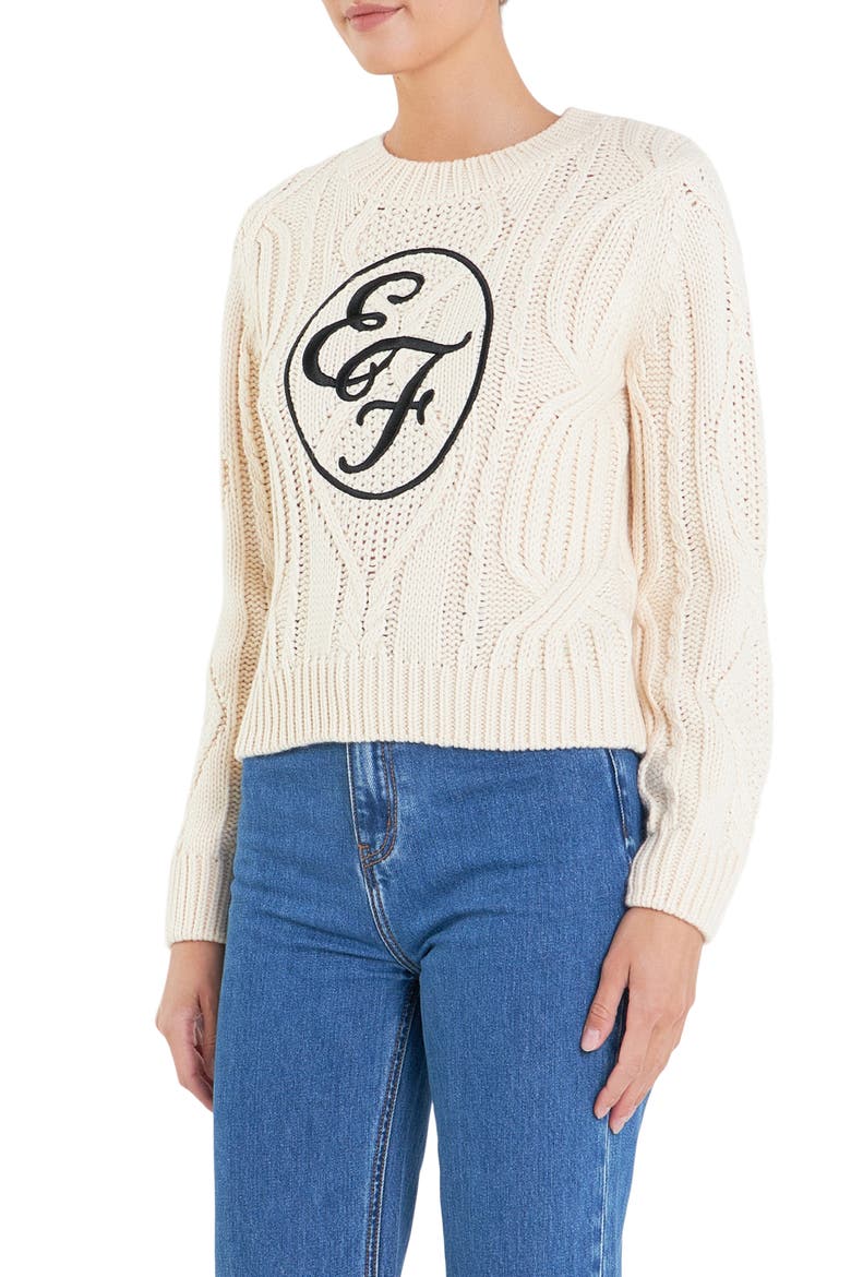 Sports Club Logo Embroidered Cable Stitch Sweater, Alternate, color, IVORY