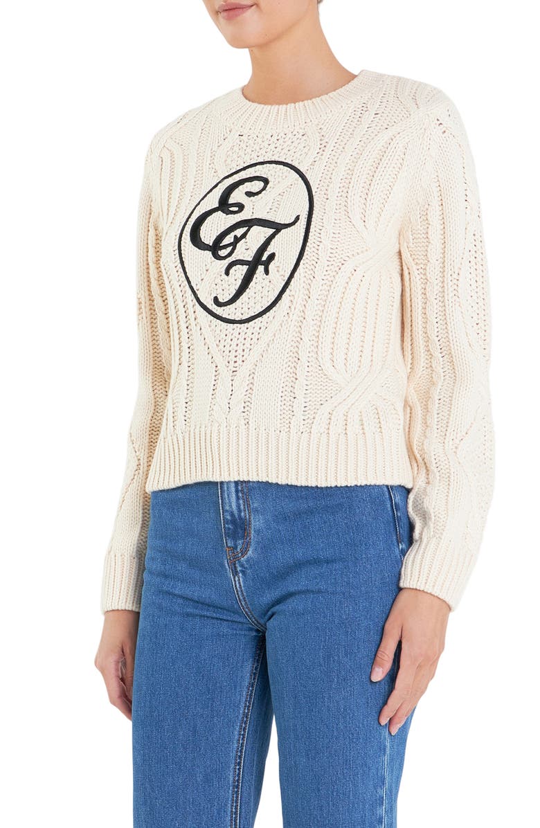 English Factory Sports Club Logo Embroidered Cable Stitch Sweater, Alternate, color, Ivory