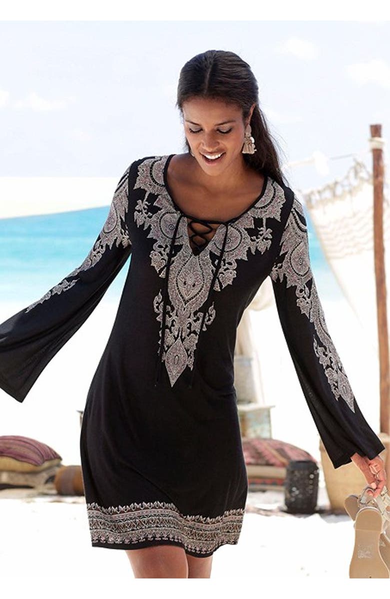 LASCANA Women's Lace Up Dress, Alternate, color, Black Printed