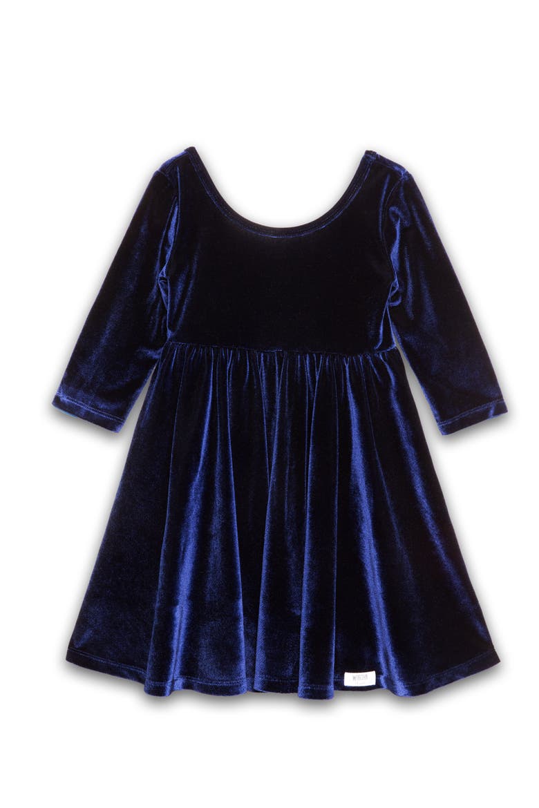 Girls Stretch Velvet Twirly Dress, Main, color, Navy