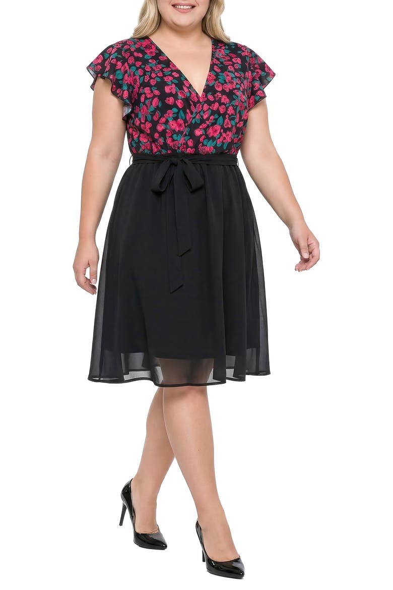 Floral & Solid Belted Dress, Alternate, color, BLACK FLORAL