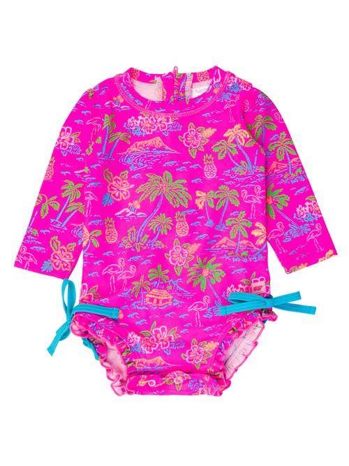 Rufflebutts Baby Girls Long Sleeve Upf50+ One Piece Rash Guard In Neon Island Time