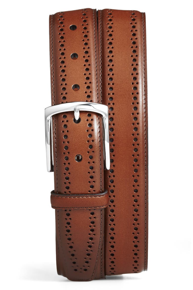 Manistee Brogued Leather Belt, Main, color, WALNUT