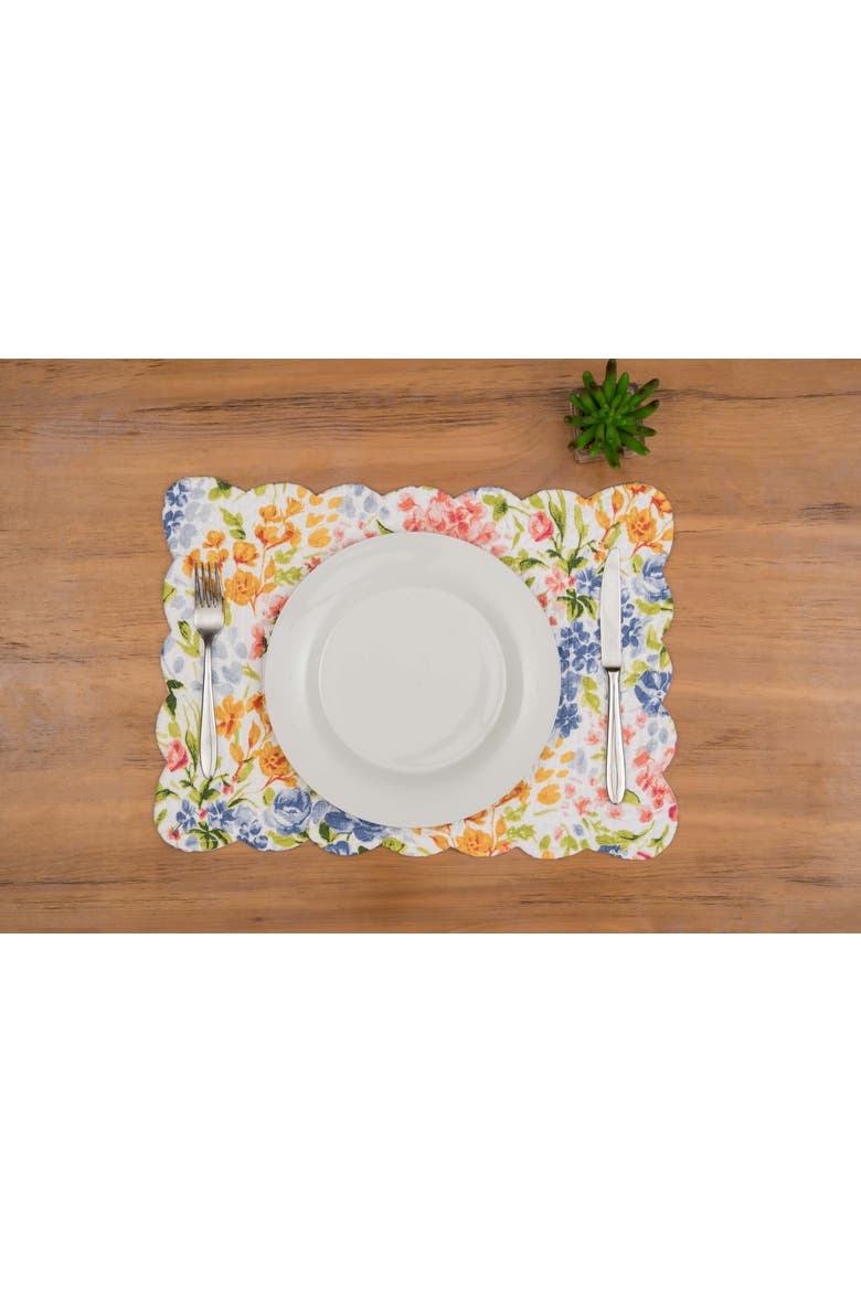 Florian Watercolor Flowers 100% Cotton Set of 6 Placemats 13" x 19", Alternate, color, Blue