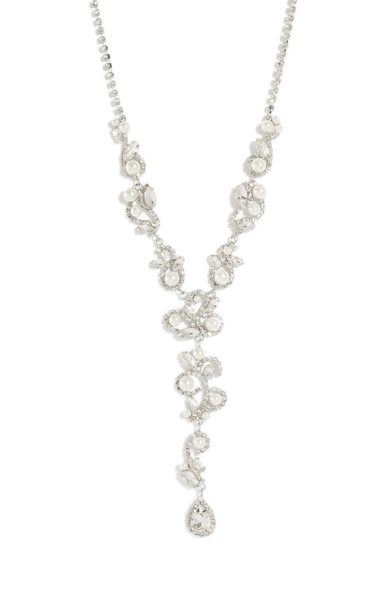 CRISTABELLE Imitation Pearl & Crystal Y-Necklace, Main, color, Sil/White