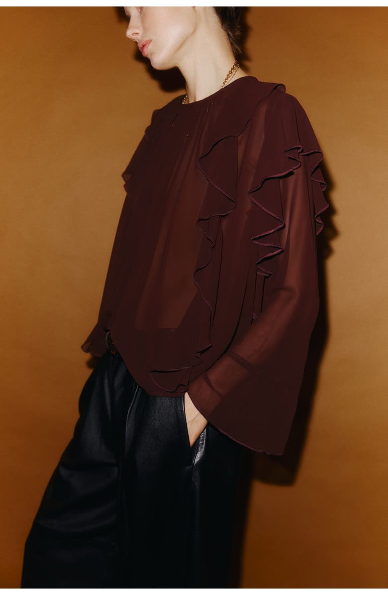 H&M Sheer Flounce-trimmed Blouse, Alternate, color, Dark Brown