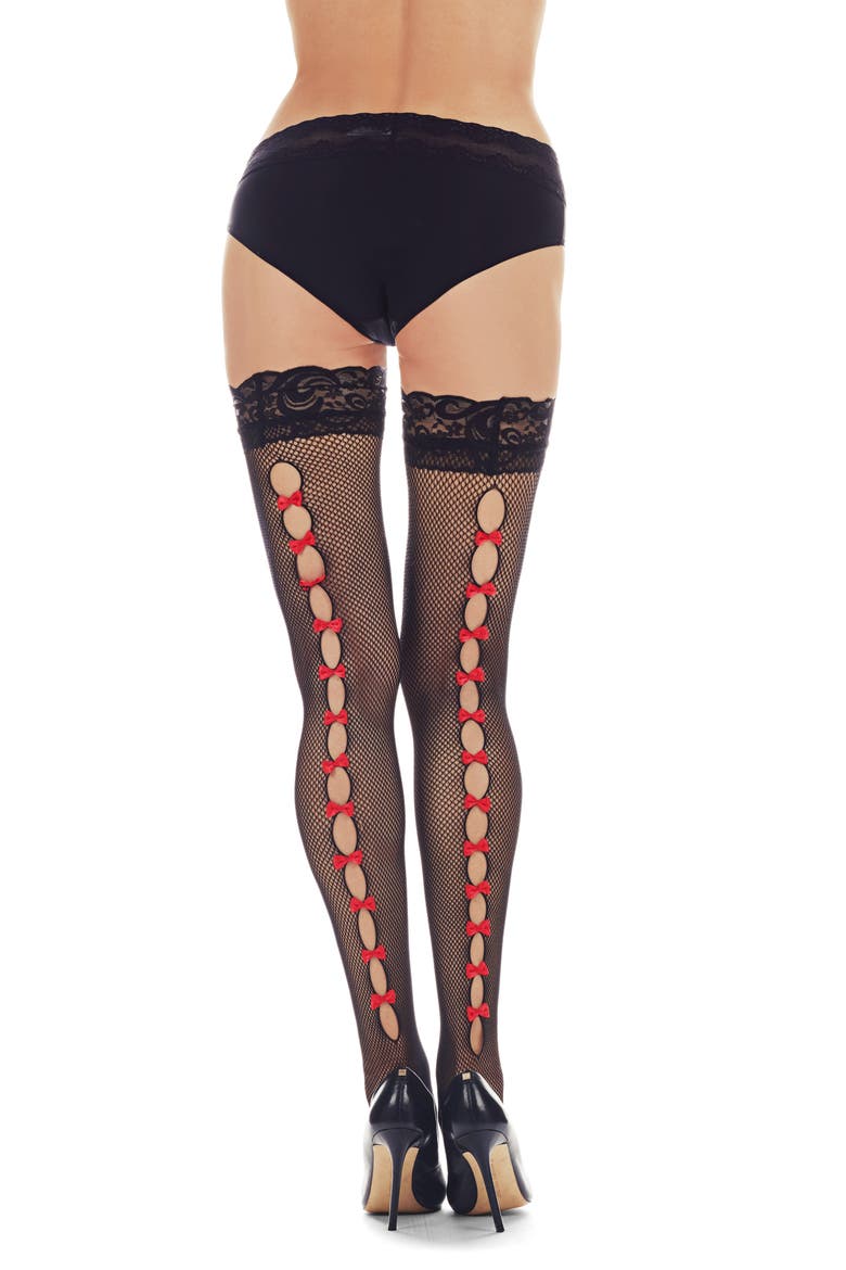 Bow Backseam Fishnet Stockings, Alternate, color, BLACK