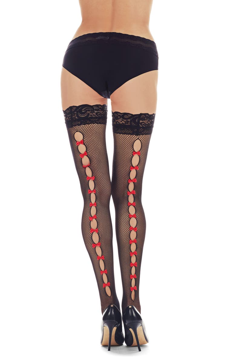 MeMoi Bow Backseam Fishnet Stockings, Alternate, color, Black