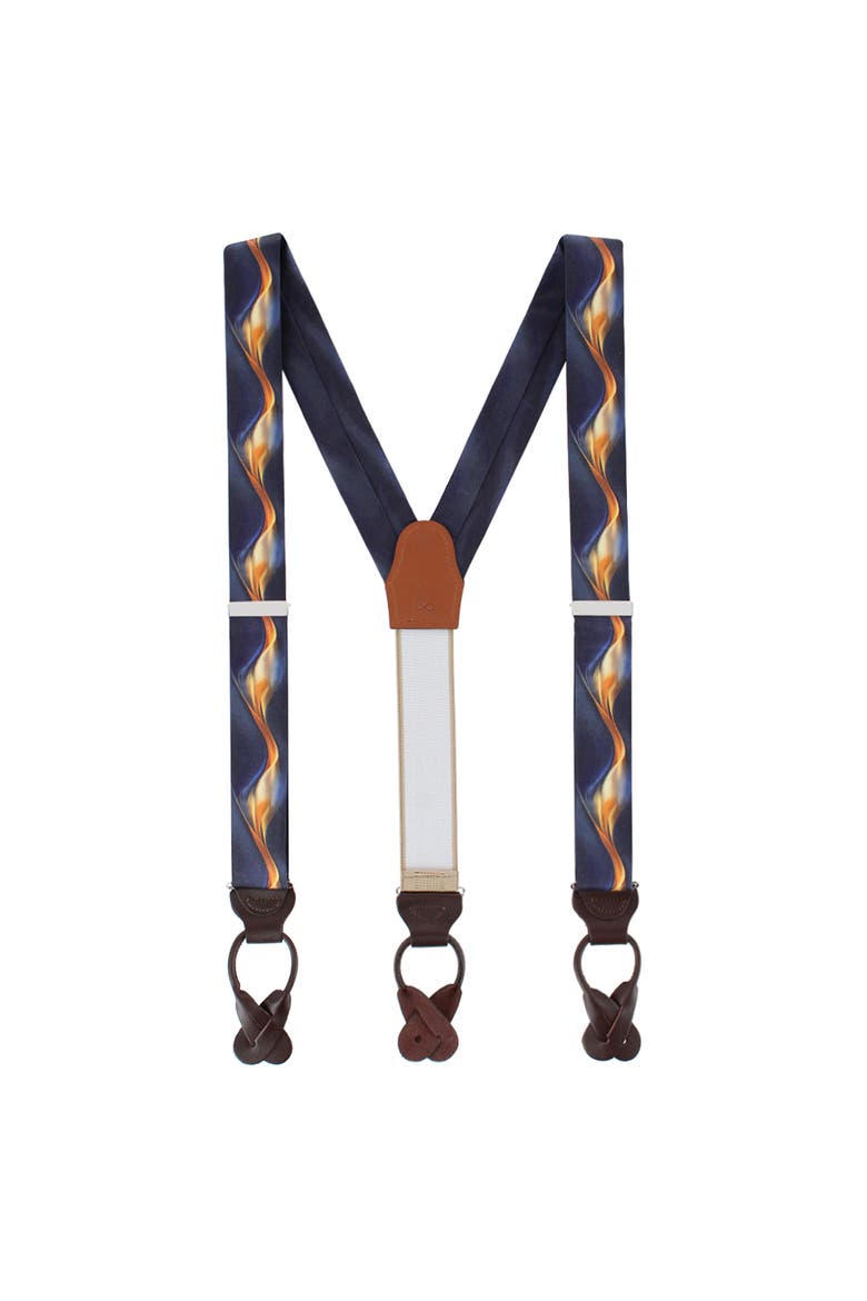 Atticus Blue and Gold Billow Silk Button End Suspenders, Alternate, color, Navy Blue and Gold