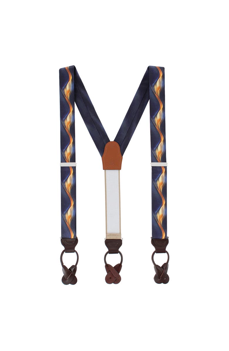 Trafalgar Atticus Blue and Gold Billow Silk Button End Suspenders, Alternate, color, Navy Blue And Gold