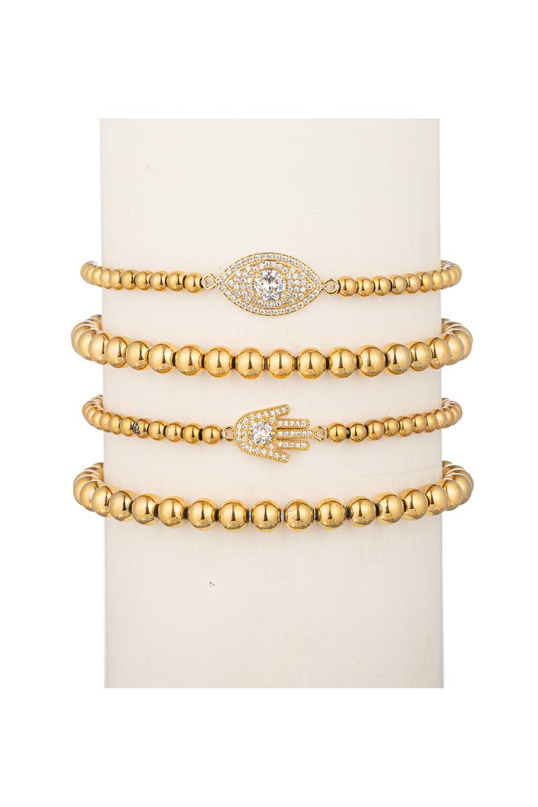 Heena Set of 4 CZ Evil Eye & Hamsa Titanium Beaded Stretch Bracelets, Main, color, GOLD
