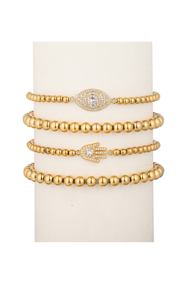 EYE CANDY LOS ANGELES Heena Set of 4 CZ Evil Eye & Hamsa Titanium Beaded Stretch Bracelets, Main, color, Gold