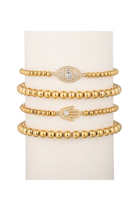 Heena Set of 4 CZ Evil Eye & Hamsa Titanium Beaded Stretch Bracelets