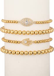 EYE CANDY LOS ANGELES Heena Set of 4 CZ Evil Eye & Hamsa Titanium Beaded Stretch Bracelets