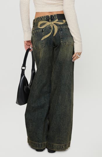Ribbon Bow Print Low Rise Wide Leg Jeans