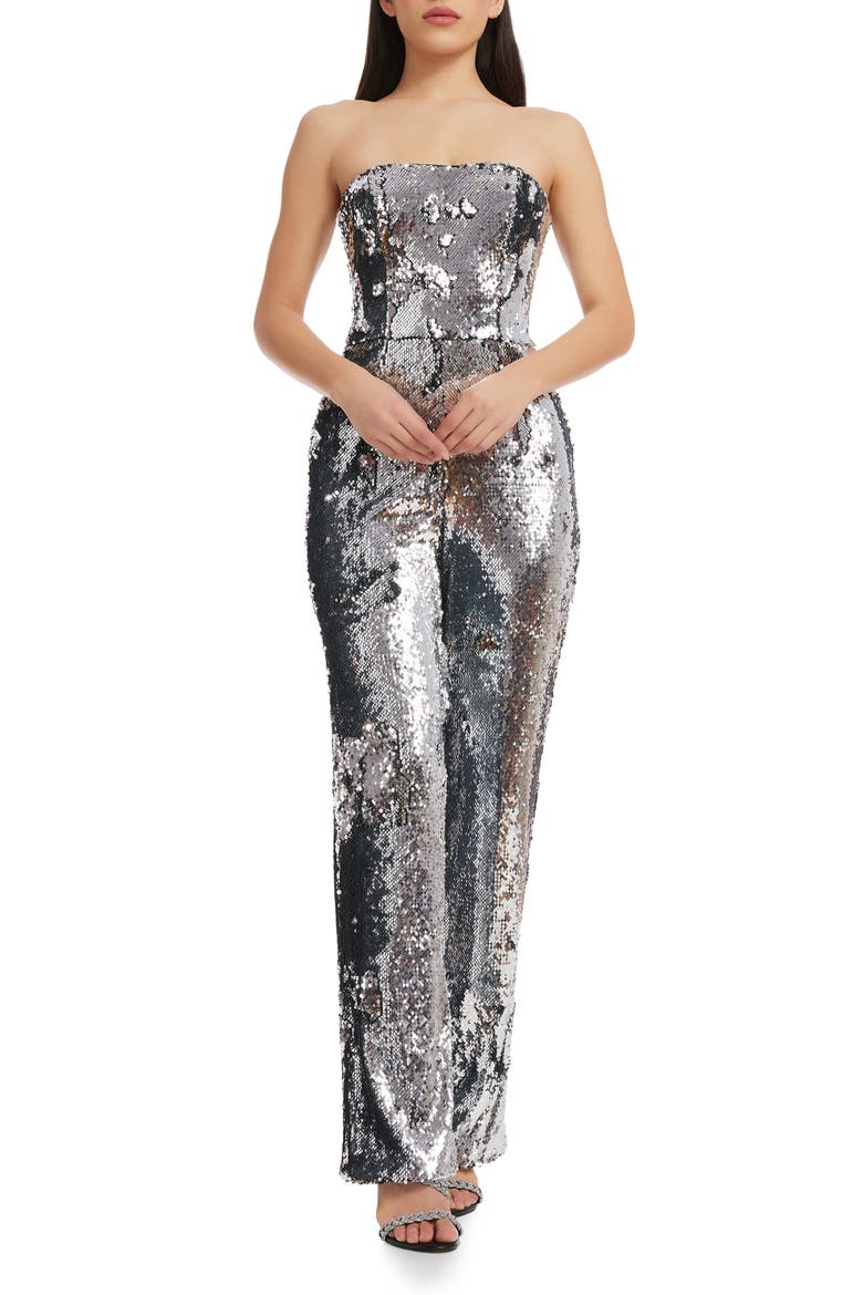 Andy Sequin Strapless Jumpsuit, Main, color, SILVER