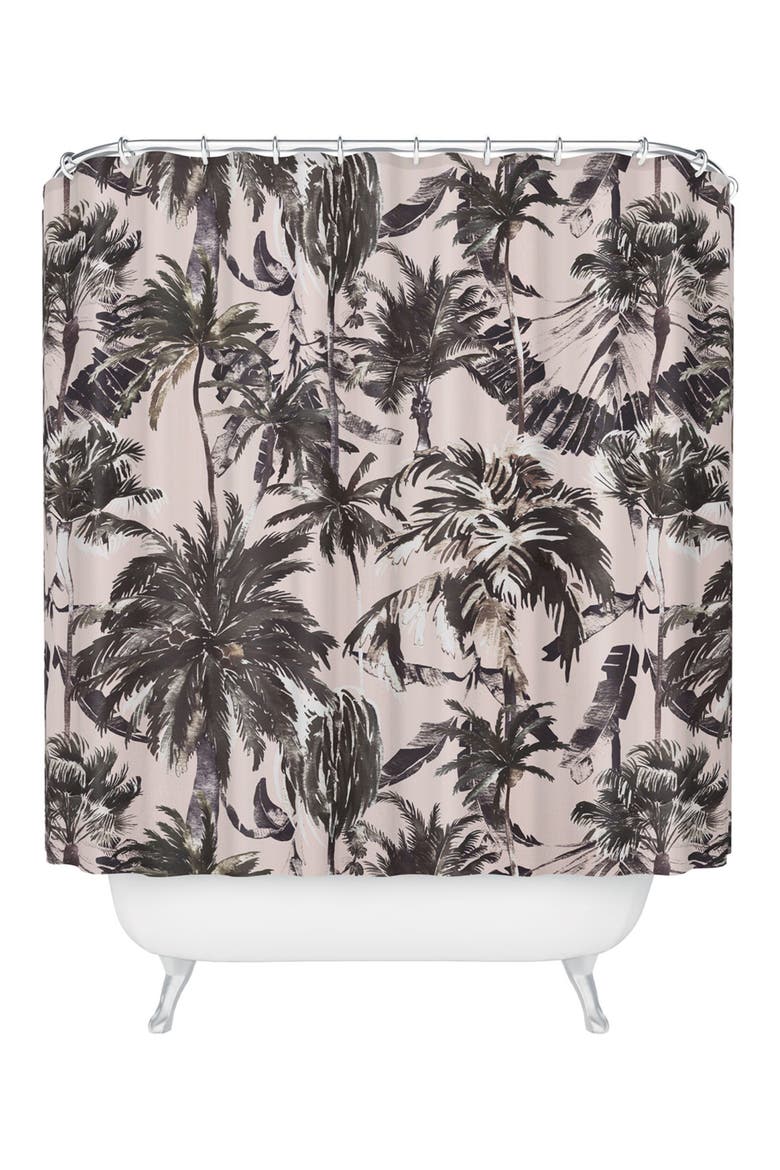 Tropical Palm Tree Print Shower Curtain, Main, color, BLACK-WHITE