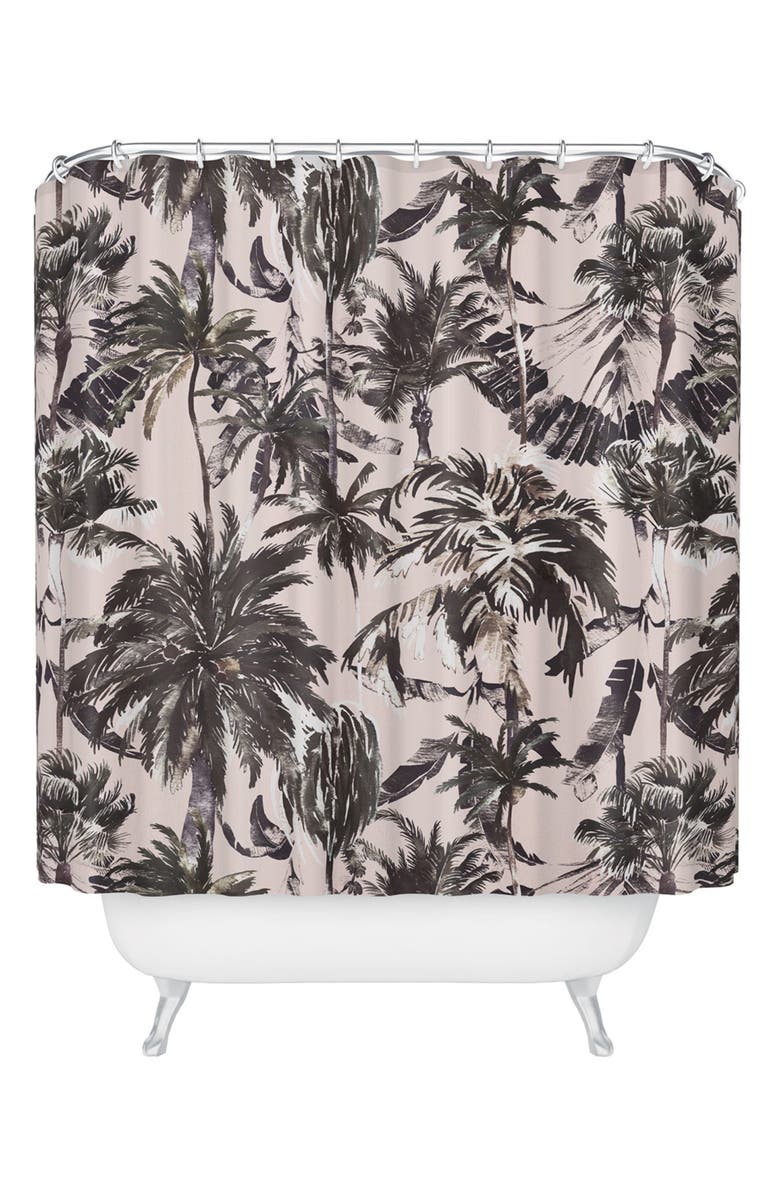 Deny Designs Tropical Palm Tree Print Shower Curtain, Main, color, Black-White