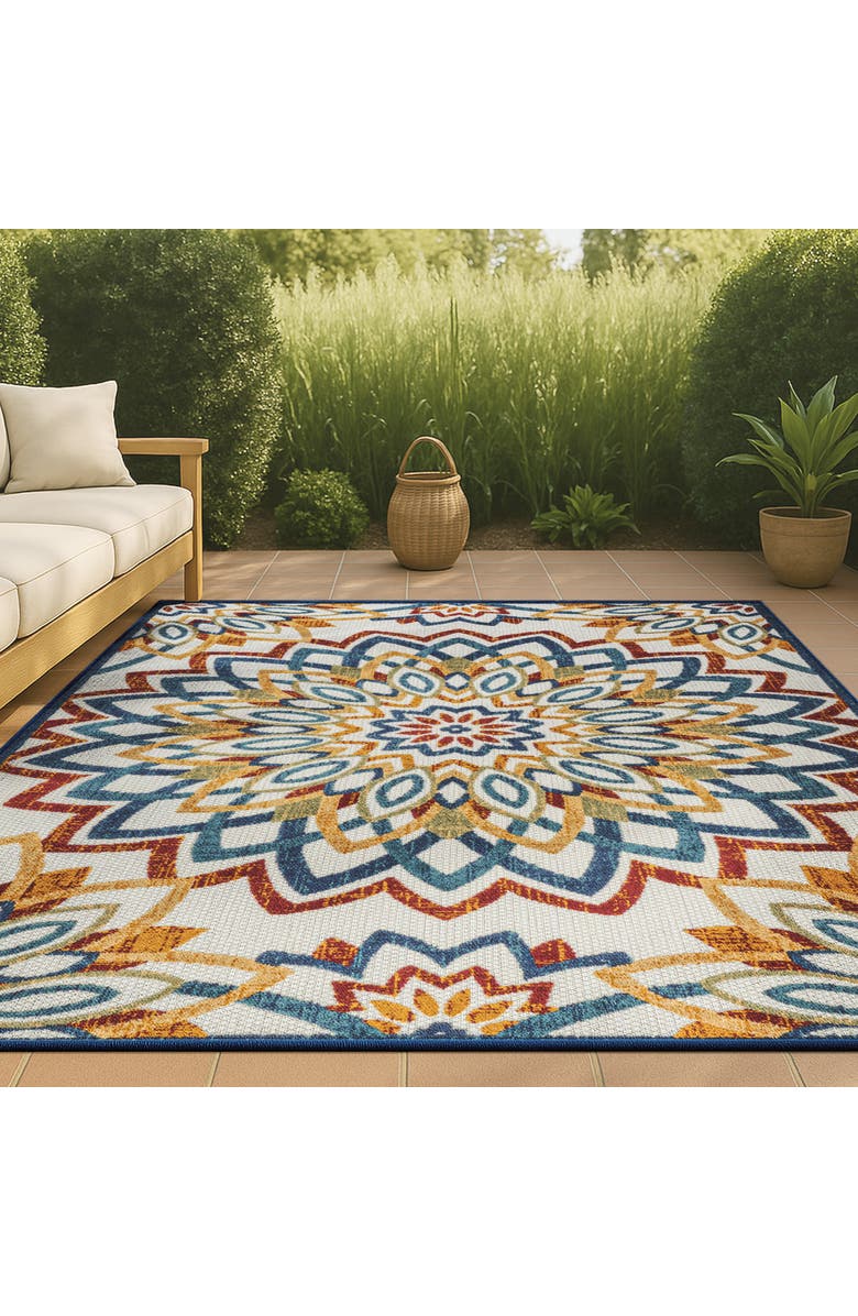 JONATHAN Y Flora Abstract Bold Mandala High-Low Indoor/Outdoor Area Rug, Alternate, color, Red/Blue/Yellow