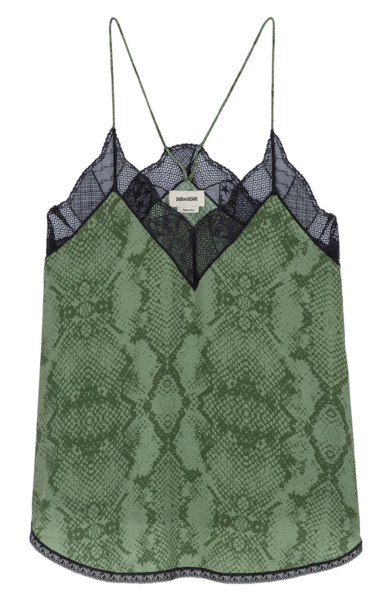 Zadig & Voltaire Christy Python Print Lace Edge Camisole, Alternate, color, Kaki