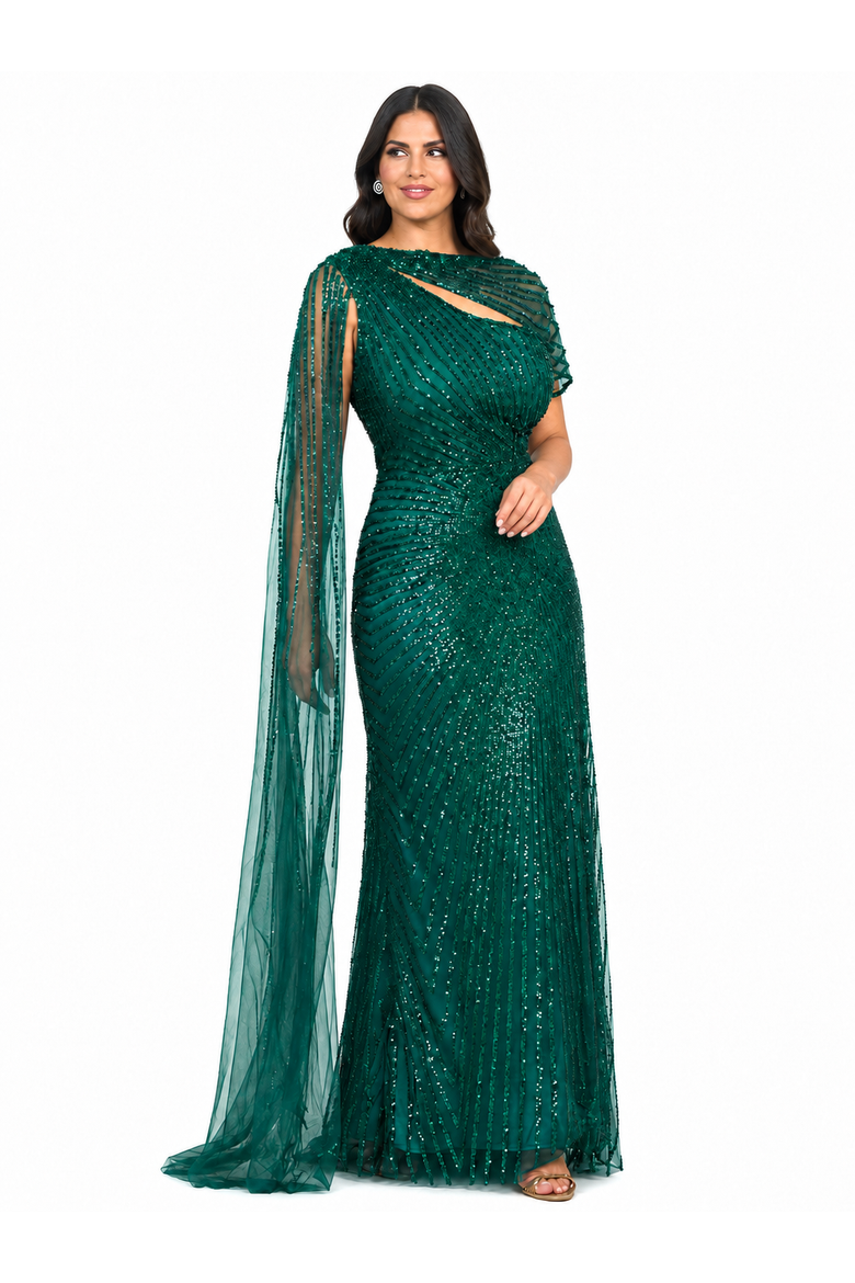 One Shoulder Fitted Gown with Cape Sleeve, Alternate, color, Teal