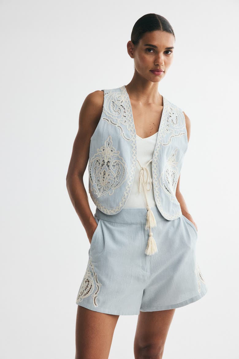 Linen-blend Vest With Eyelet Embroidery, Alternate, color, Light dusty blue/cream