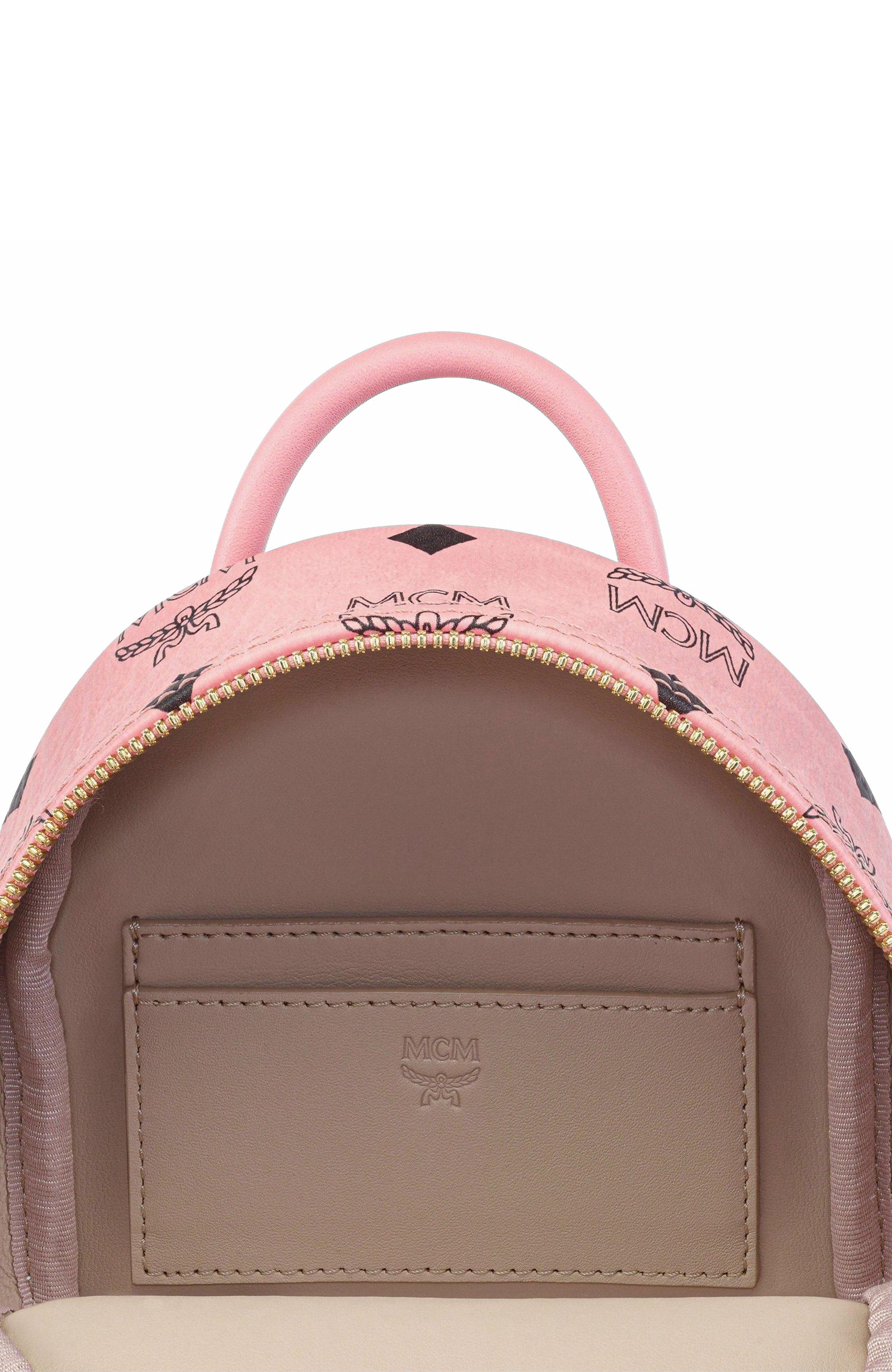 MCM Stark Bebe Boo Side Studs Backpack in Visetos, Alternate, color, Pink