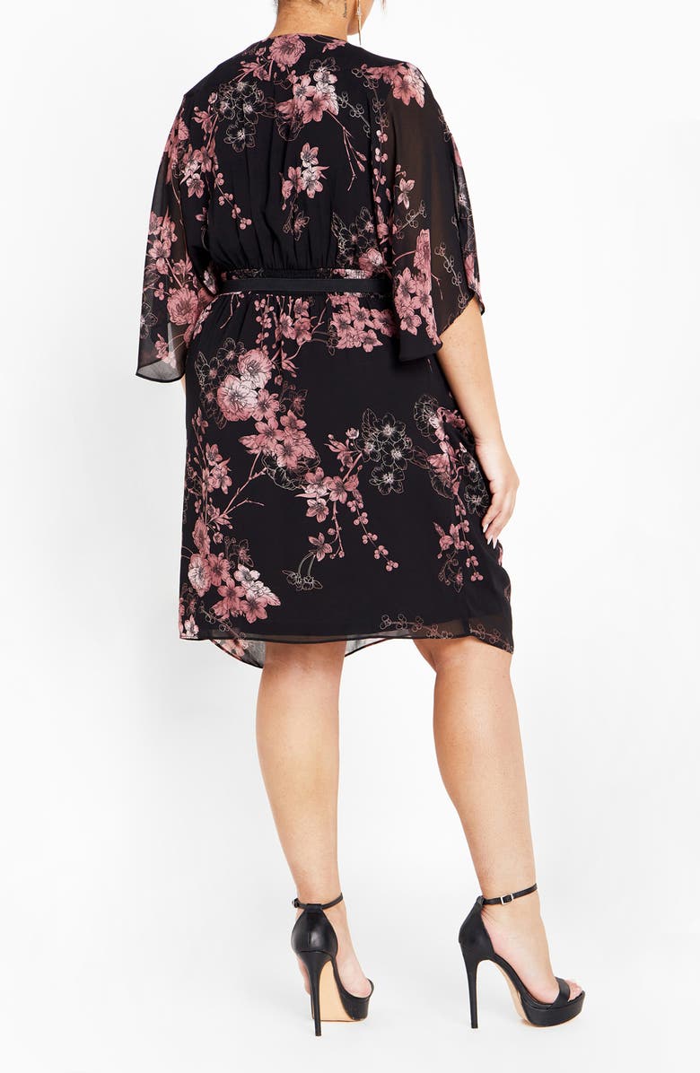 City Chic Bold Blossom Belted Floral Dress, Alternate, color, Black Print
