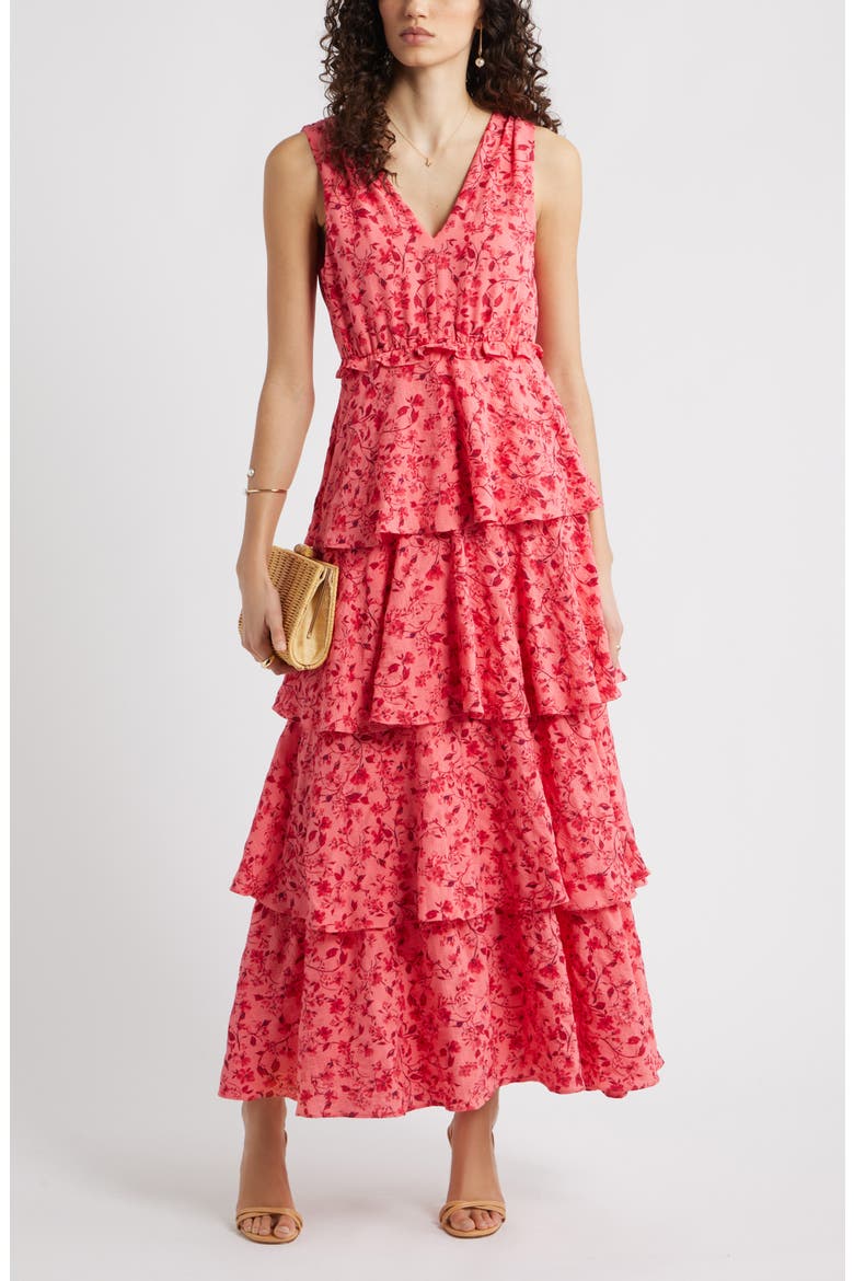 Floral Tiered Maxi Dress, Main, color, CORAL KATE FLORAL